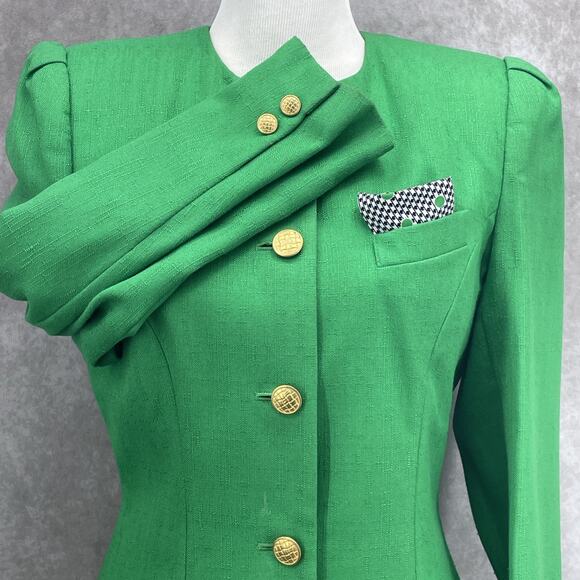Vintage Sassoon Womens 10 Bright Green Peplum Blazer Gold Buttons Retro Career - Picture 3 of 9